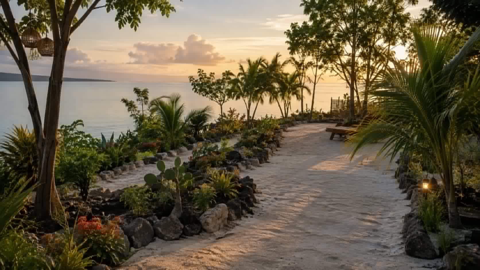 A sandy track running out through low planting toward the sea at dusk.