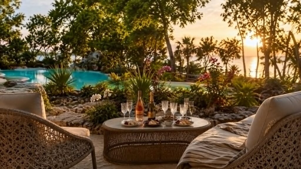 The garden and pool going gold at sunset.
