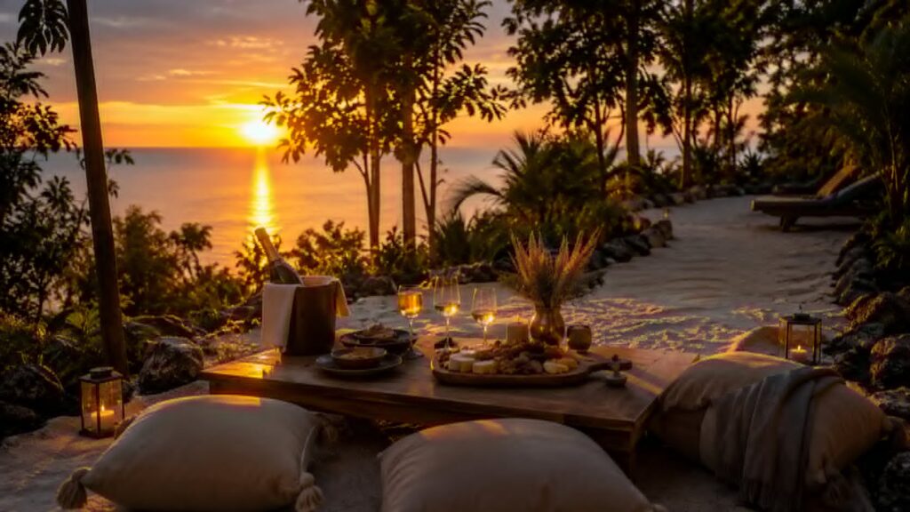 The low sunset table on the sand.