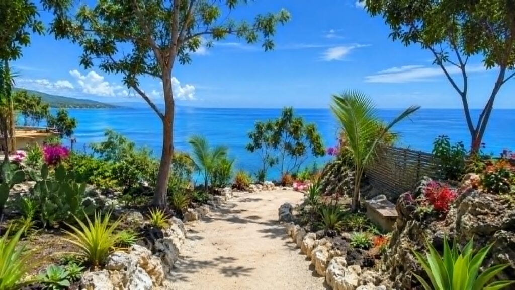 The sea seen through the coastal planting.