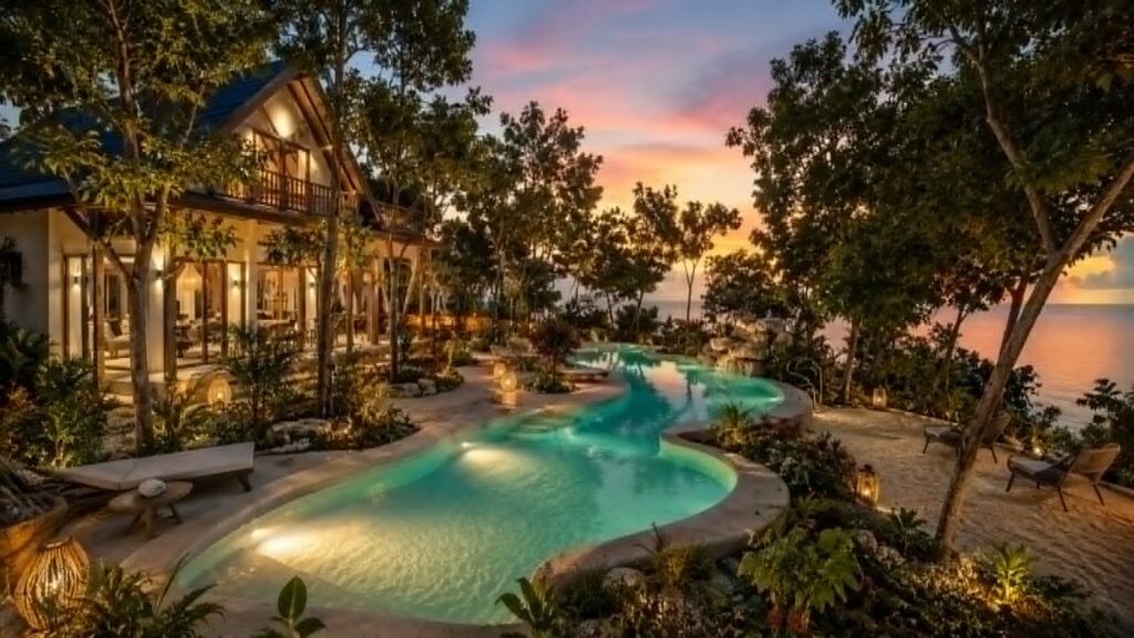 The villa above the lit pool at dusk.